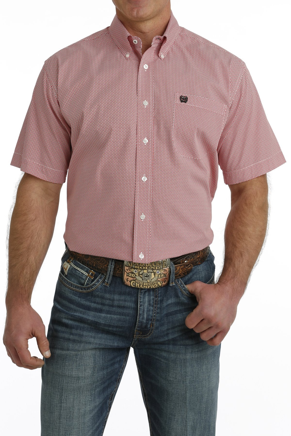 Men's Cinch Geometric Print Short Sleeve Button-Down Western Shirt - Red/White MTW1111449