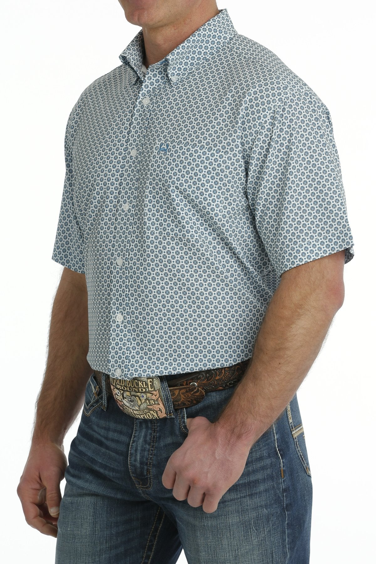 Men's Cinch Geometric Print Short Sleeve ArenaFlex Button-Down Shirt - White / Blue MTW1704134