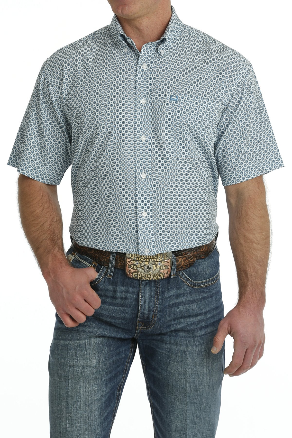 Men's Cinch Geometric Print Short Sleeve ArenaFlex Button-Down Shirt - White / Blue MTW1704134
