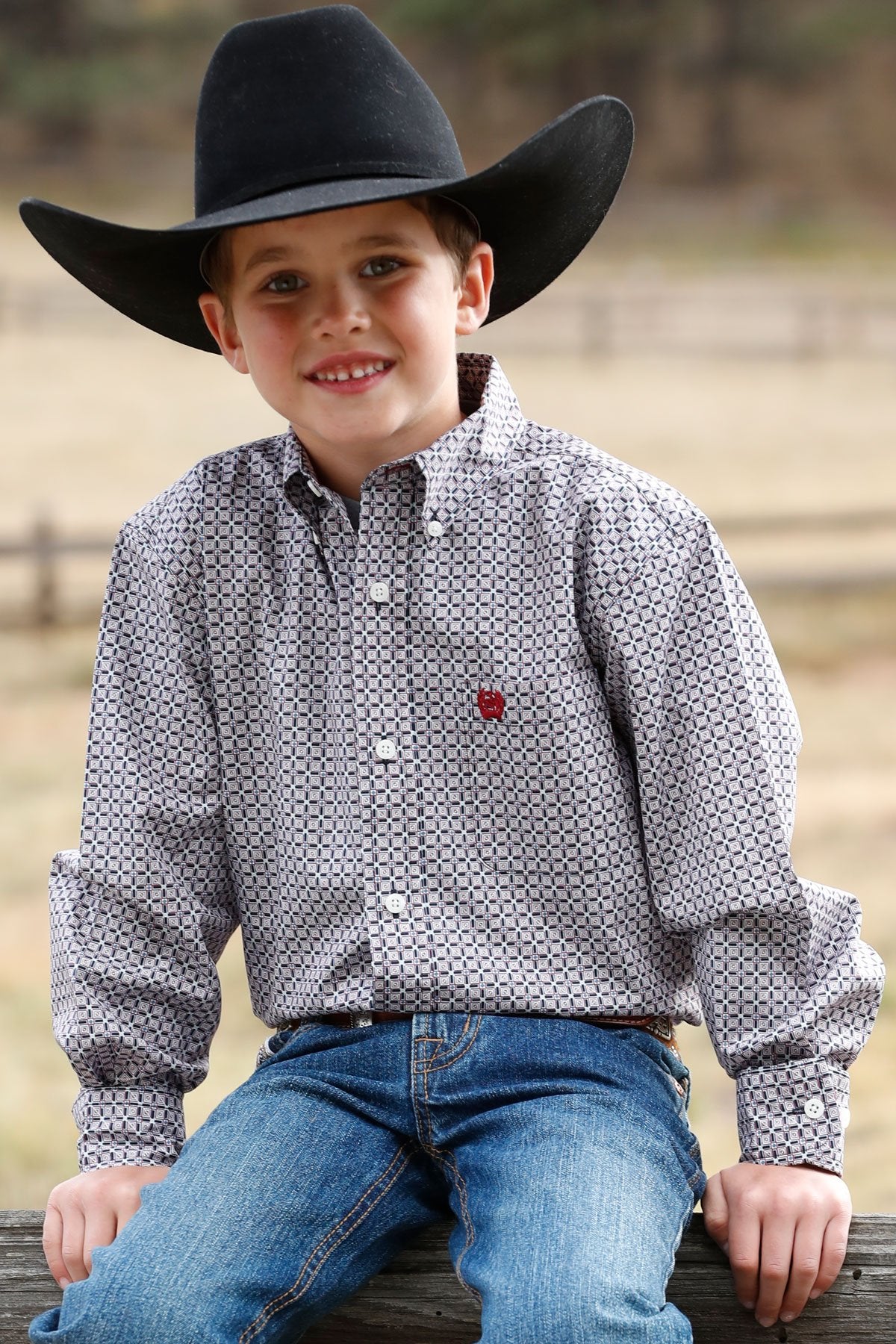 BOY'S MATCH DAD GEOMETRIC PRINT BUTTON-DOWN WESTERN SHIRT - MULTI