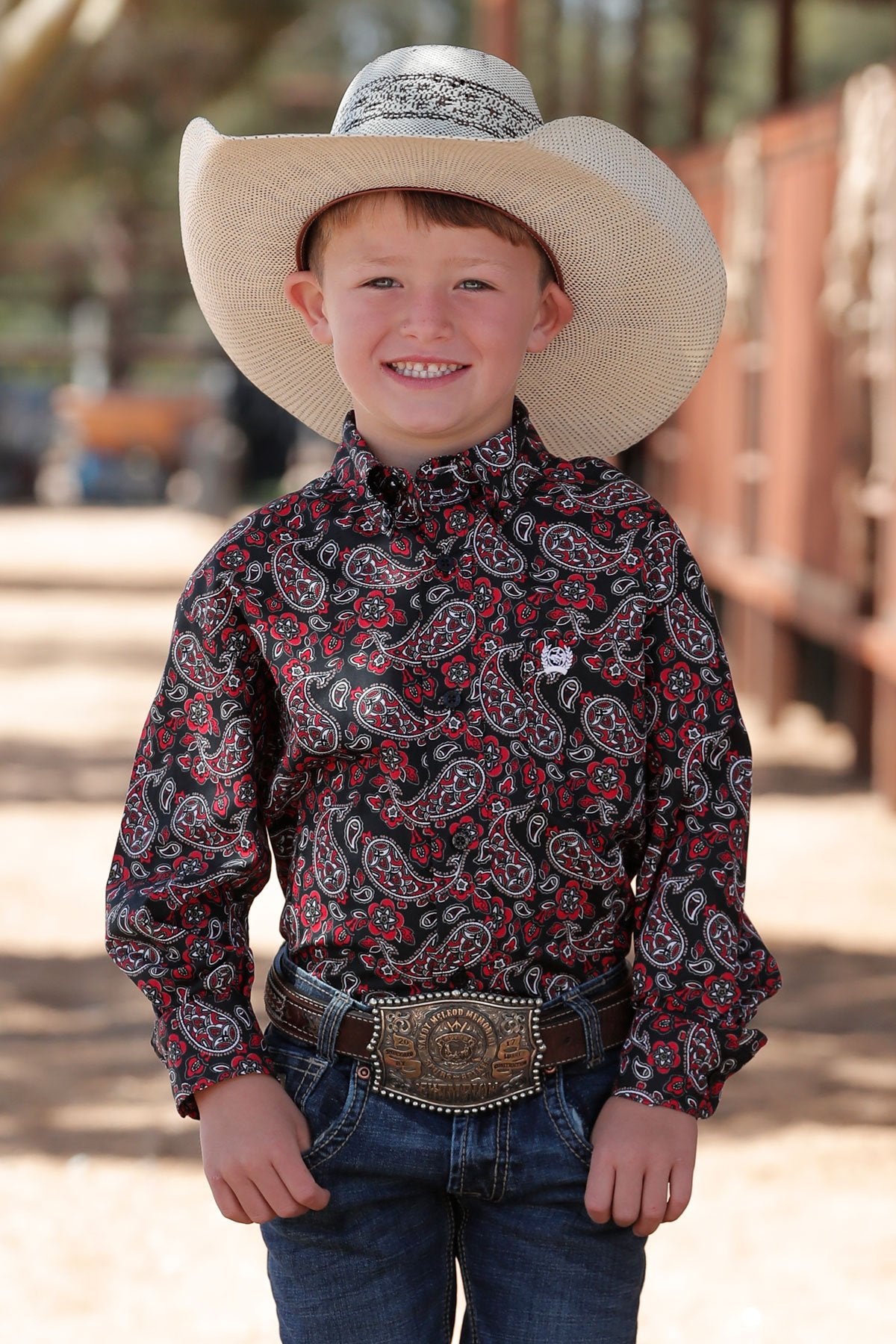 Boys Cinch Match Dad Paisley Print Button-Down Western Shirt - Black/Red - MTW7062339