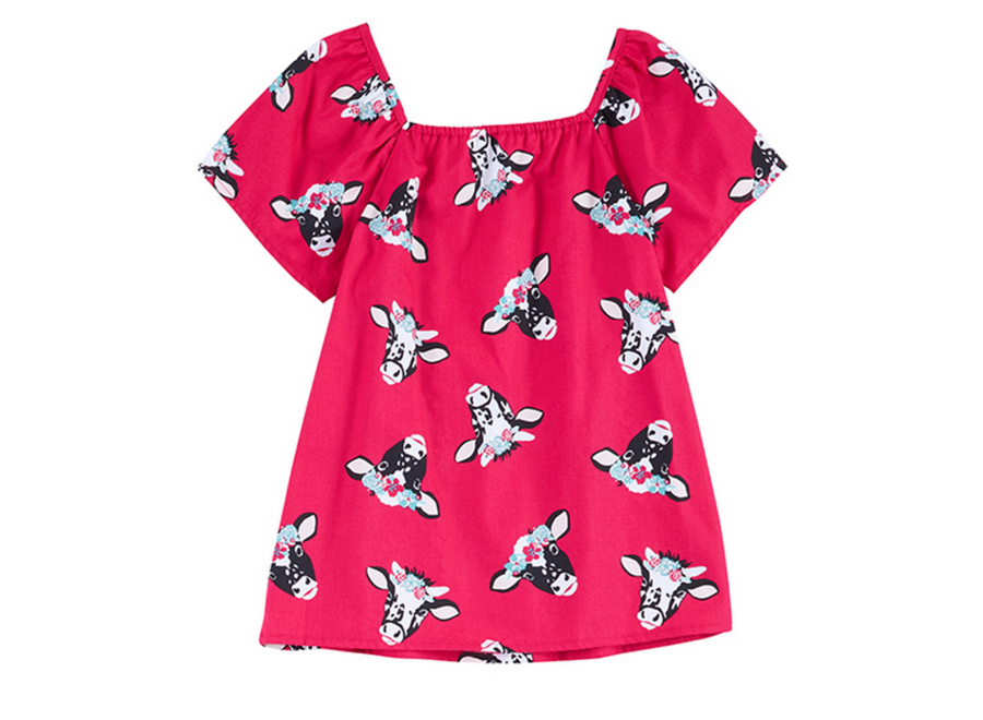 WRANGLER GIRLS' PINK WITH FLORAL COW PRINT SHORT RUFFLE SLEEVES SHIRT