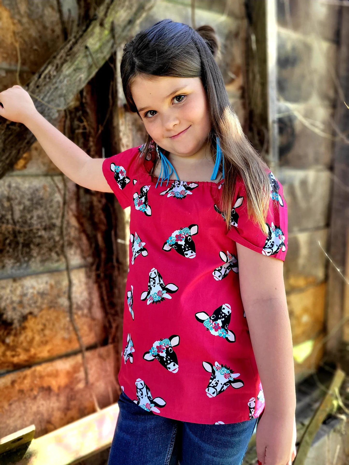 WRANGLER GIRLS' PINK WITH FLORAL COW PRINT SHORT RUFFLE SLEEVES SHIRT