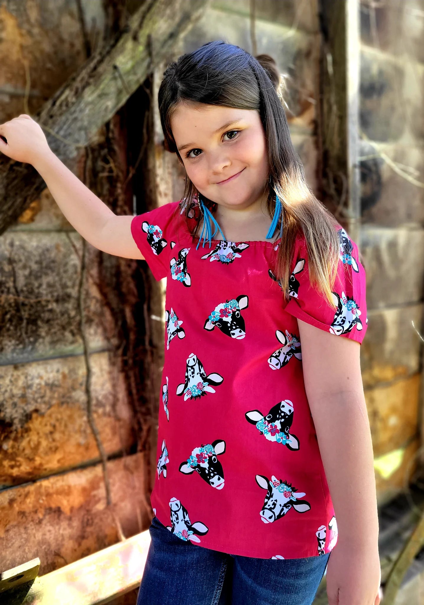 WRANGLER GIRLS' PINK WITH FLORAL COW PRINT SHORT RUFFLE SLEEVES SHIRT