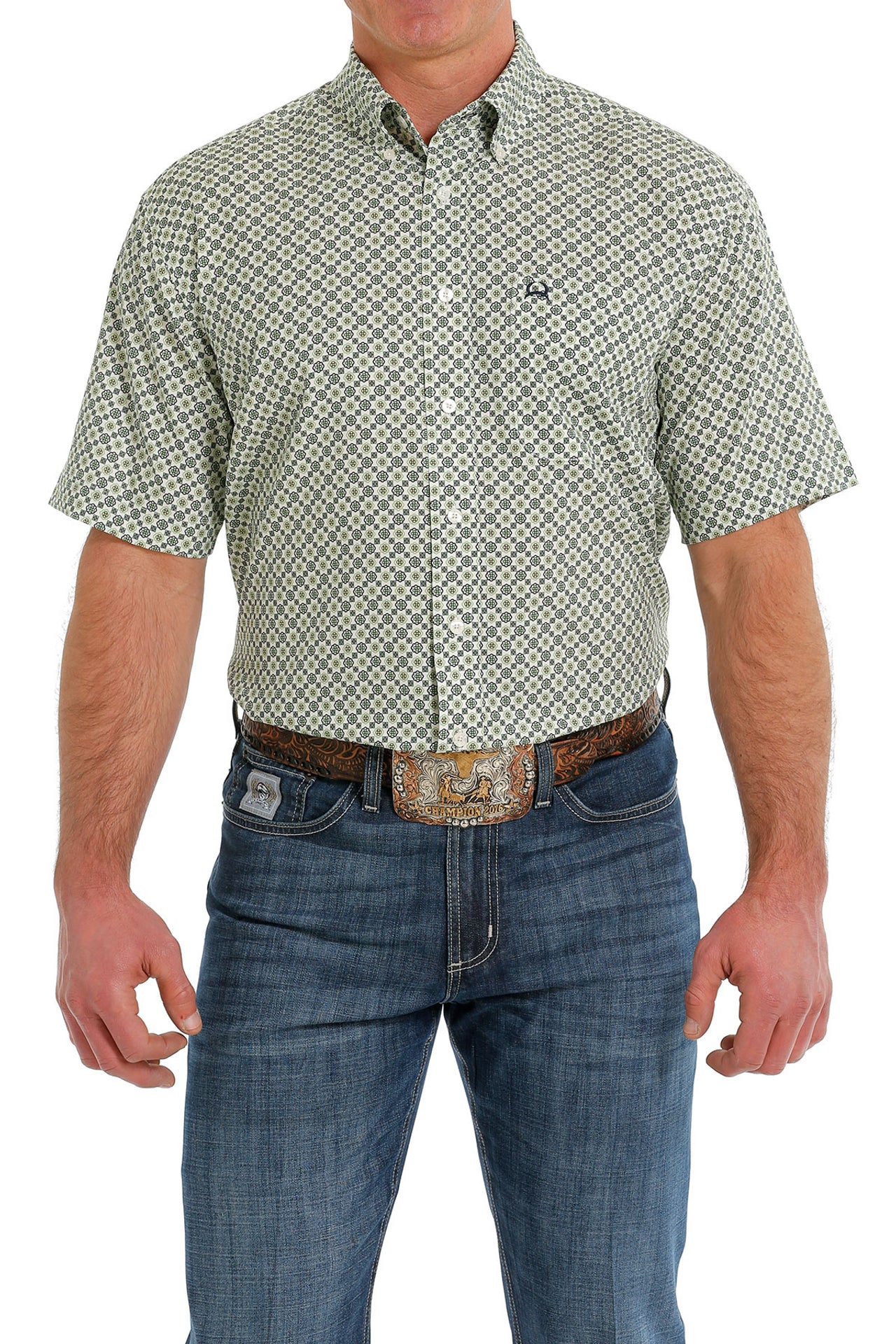 Cinch Mens Geometric Print Short Sleeve Light Green - MTW170404116