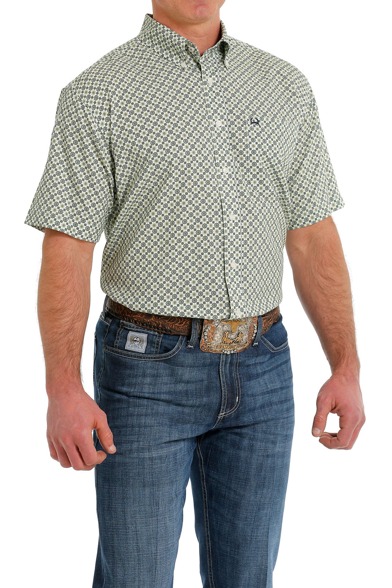 Cinch Mens Geometric Print Short Sleeve Light Green - MTW170404116