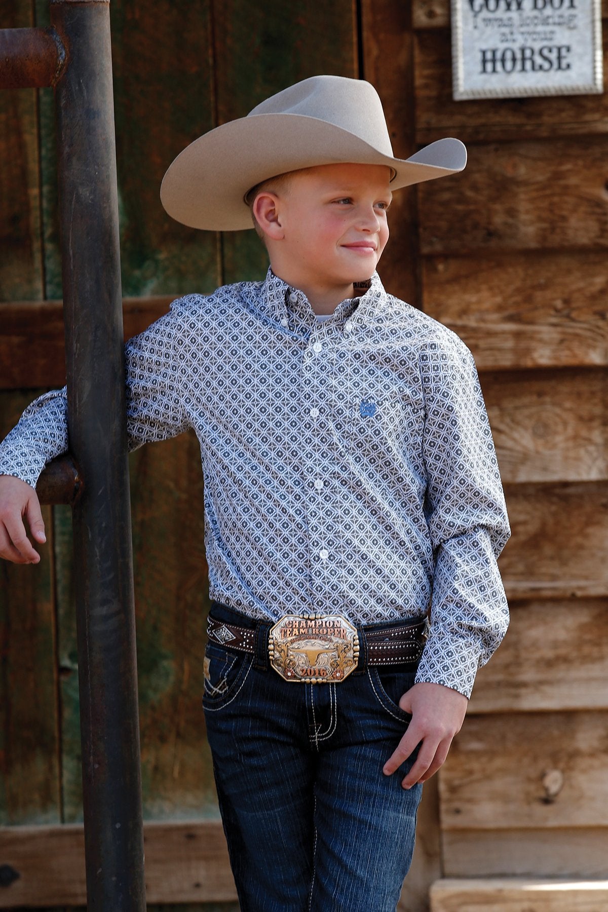 BOYS BUTTON DOWN WESTERN - WHITE/BLUE