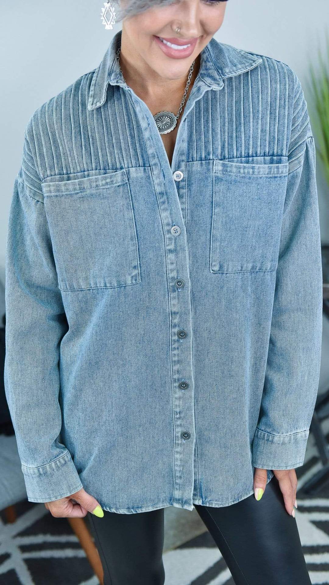 Pintuck Detailed Oversized Denim Shacket