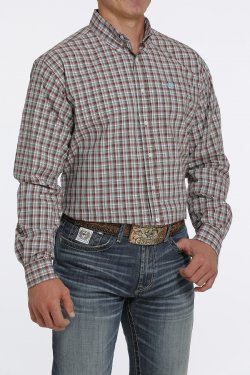 MEN'S PLAID BUTTON-DOWN WESTERN SHIRT - BURGUNDY / AQUA / BROWN