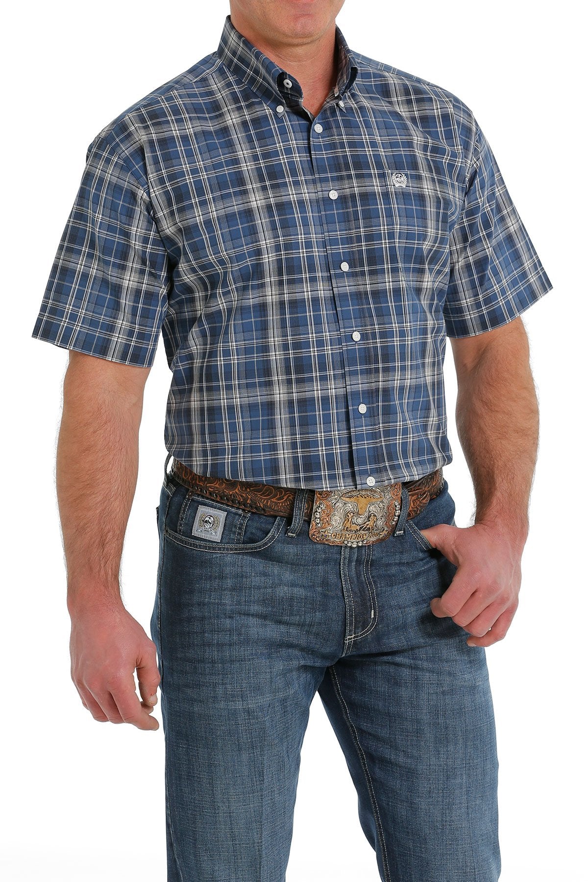 MEN'S CINCH BLUE PLAID SHORT SLEEVE