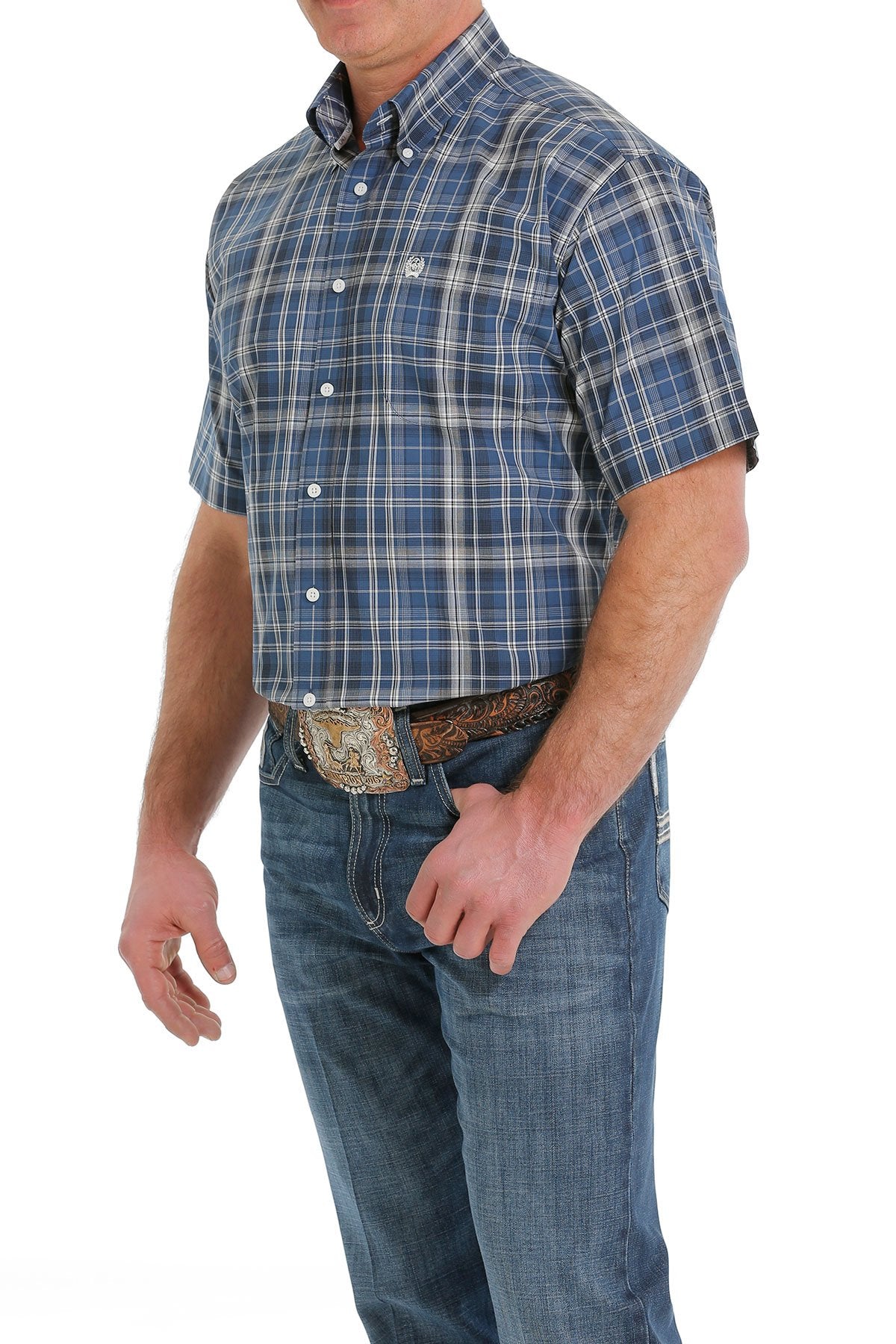 MEN'S CINCH BLUE PLAID SHORT SLEEVE