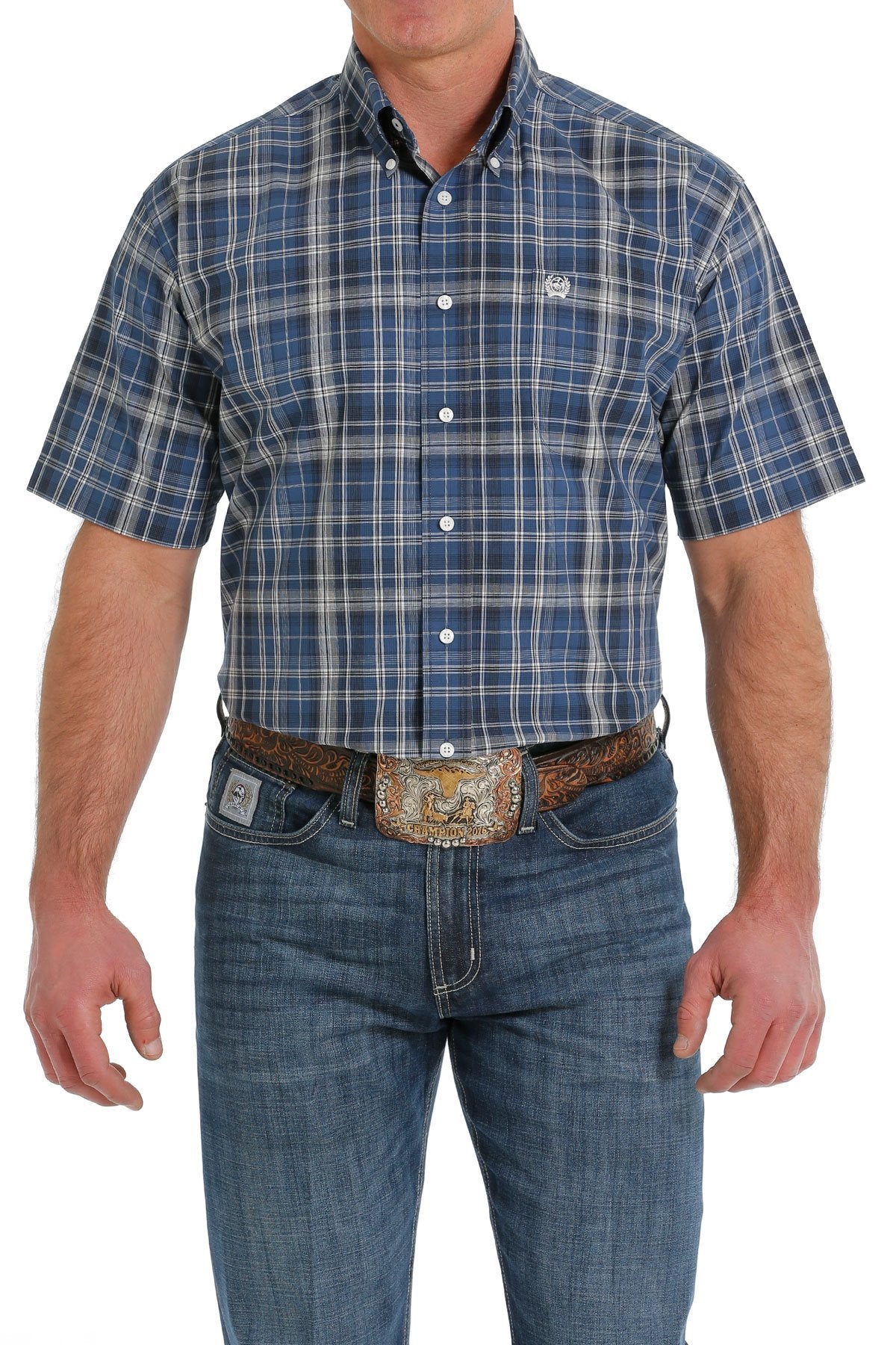 MEN'S CINCH BLUE PLAID SHORT SLEEVE