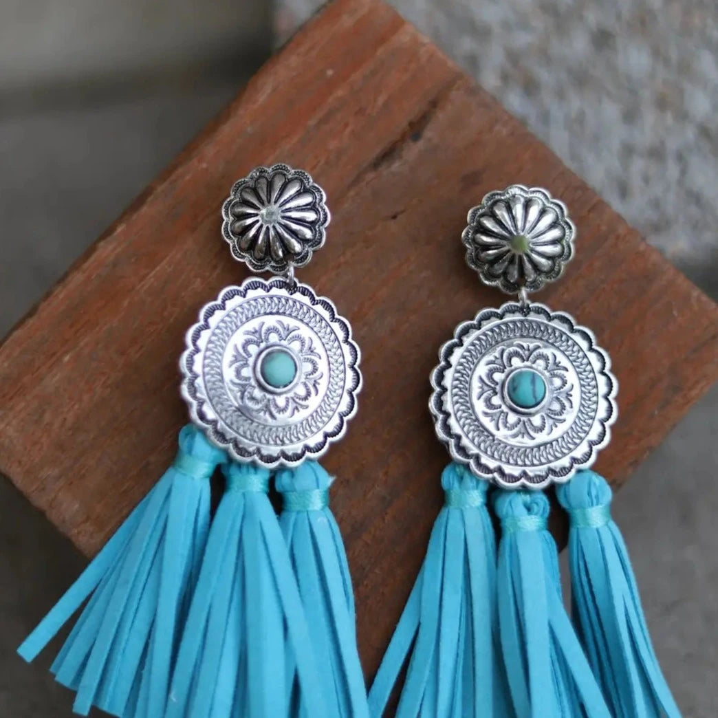 Turquoise Double Concho w/ Tassel Earrings