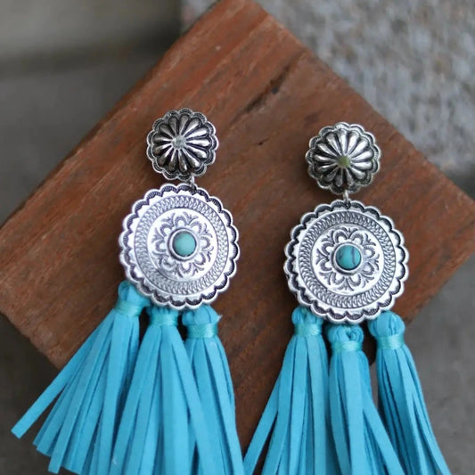 Turquoise Double Concho w/ Tassel Earrings
