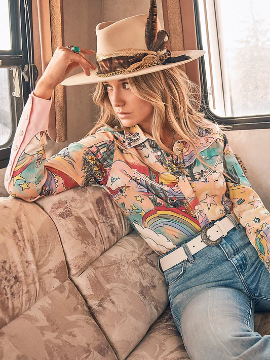 Wrangler X Barbie: Illustrated Western Snap Shirt in Multicolor