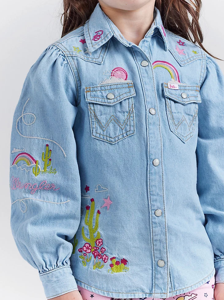 Wrangler x Barbie: Girl's Balloon Sleeve Embroidered Blouse in Ken Blue