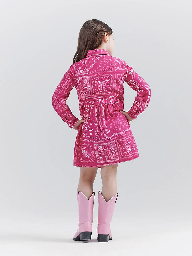 Wrangler X Barbie: Girl's Bandana Western Snap Shirt Dress Pink