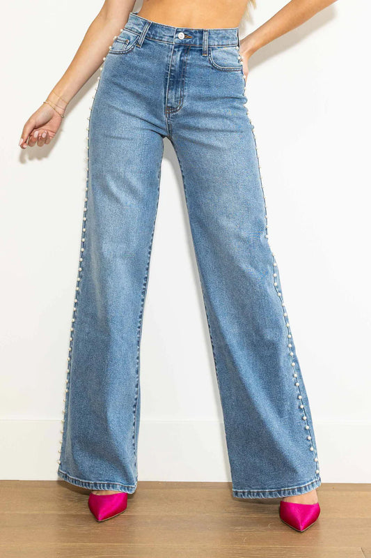 PEARL TRIMMED WIDE LEG JEANS