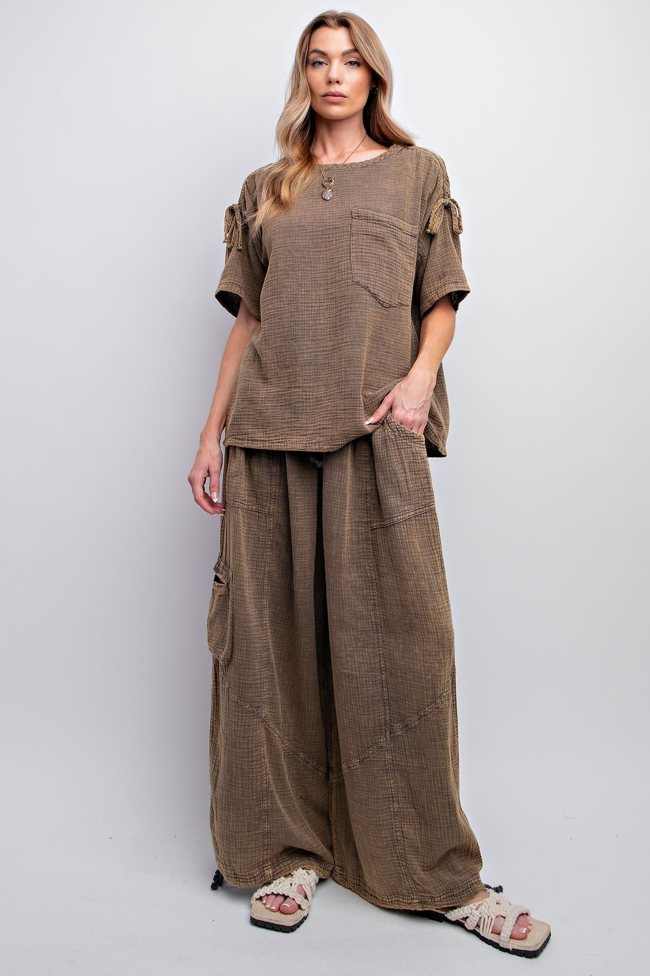 Wynonna Mineral Washed Cotton Gauze Top (ash olive)