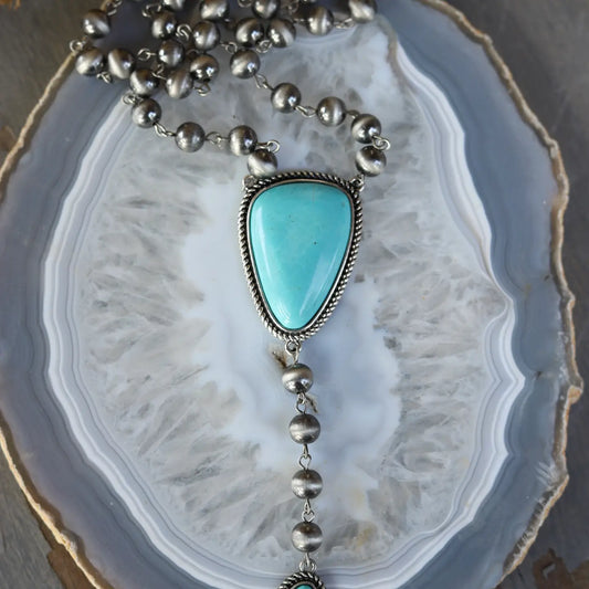 Turquoise Stone Necklace, W/ Faux Silver Beads