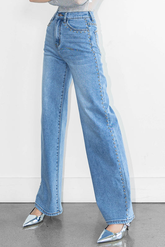 Studded Wide Leg Denim Jeans
