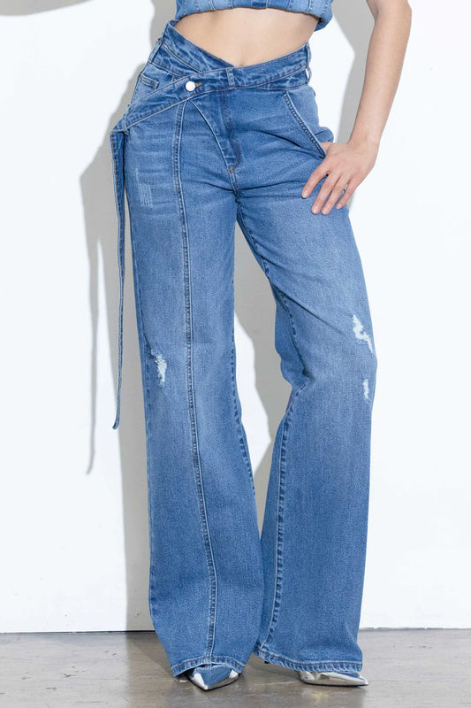 Criss Crossed Waist Line, Long Belted Wide Leg Jeans