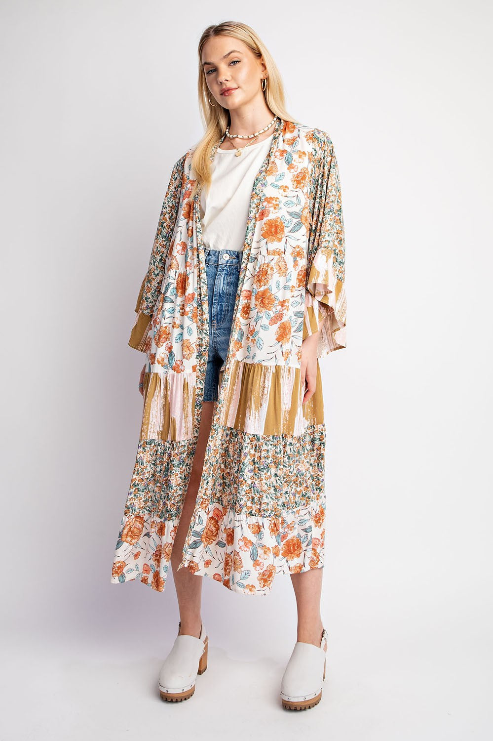 Floral and Stripe Mixed Print Kimono Duster