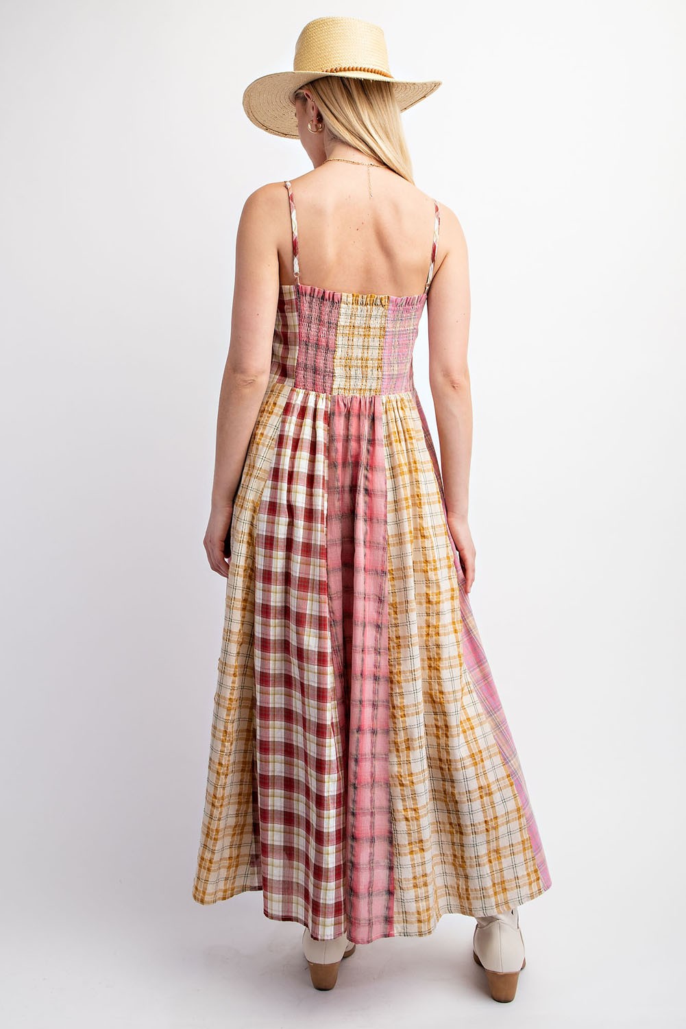Mixed Patterned Checkered Midi Dress (Pink)