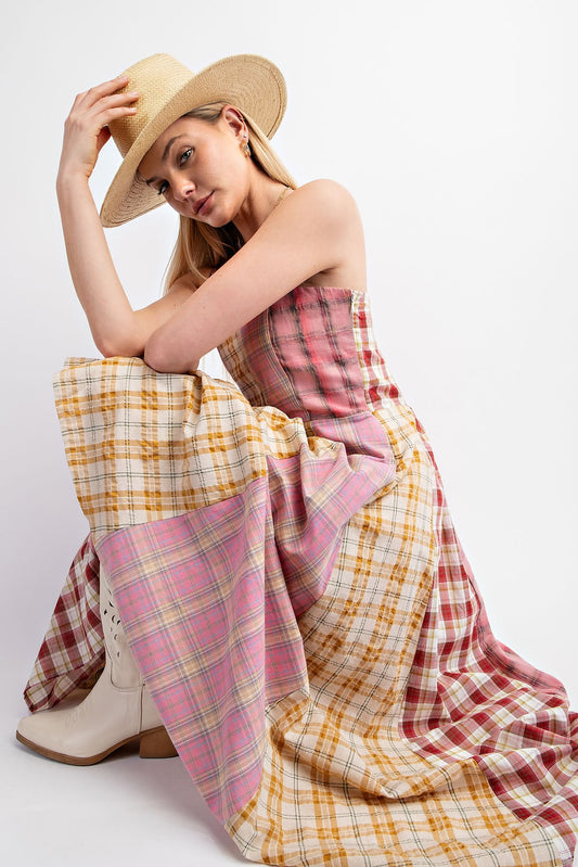Mixed Patterned Checkered Midi Dress (Pink)