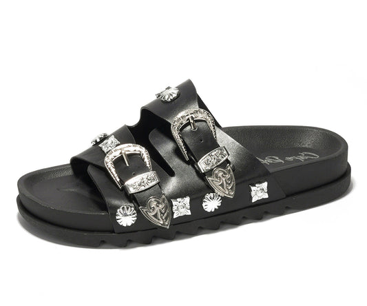 Rock & Roll Western Slide Sandals Buckle Detail - Black