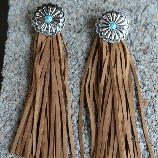 Turquoise Concho w/ Leather Tassel Earrings