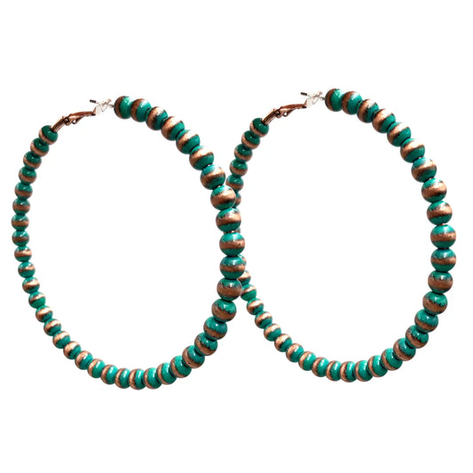 Southwestern Seed Beaded Hoop Earrings (Turquoise) XL