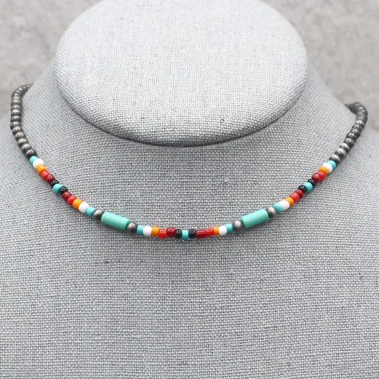 Turquoise Cylinder and Seed Bead Multi Colored Necklace