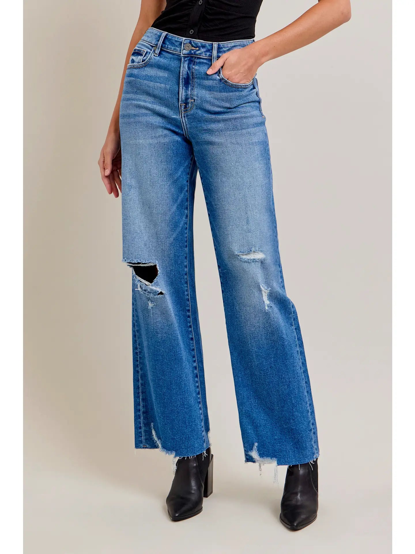Logan Medium Dark Distressed Stretch Dad Jean