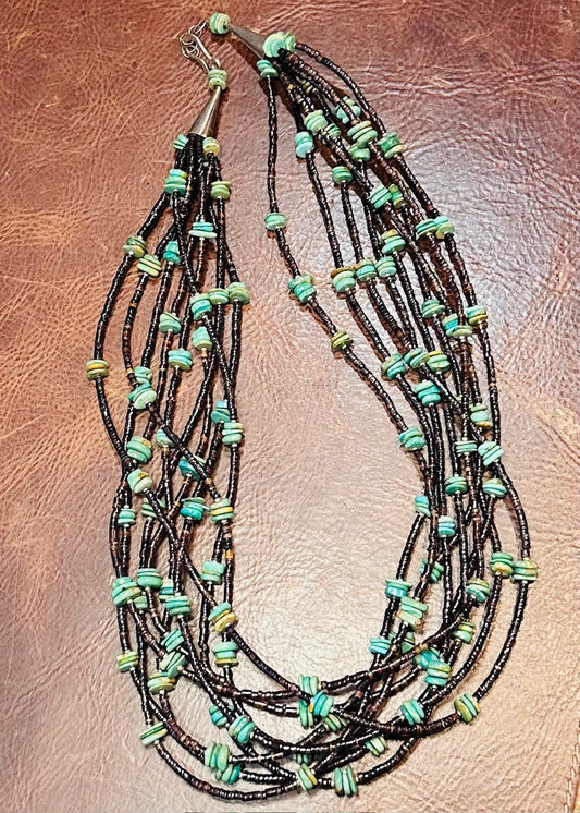 9 Strand Spiny Oyster & Turquoise Beaded Necklace