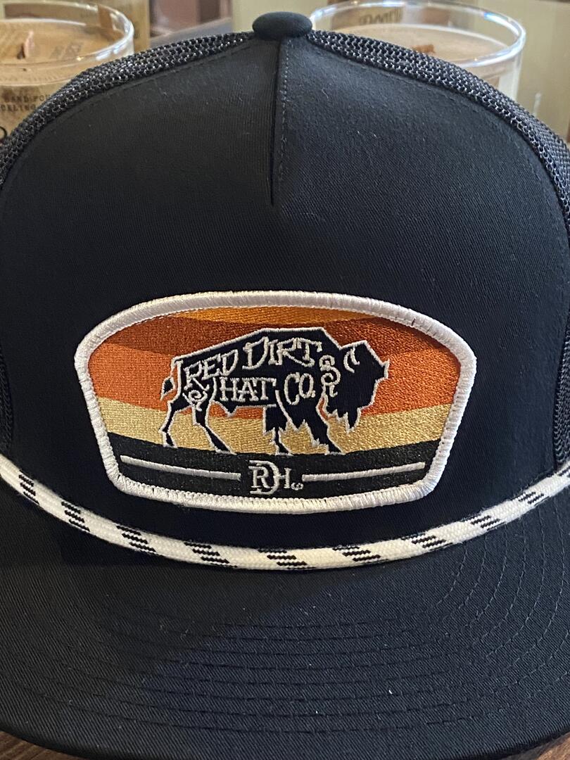 Red Dirt Hat Co. - Buddy Patch - Black Hat w/ White Rope Flat Bill