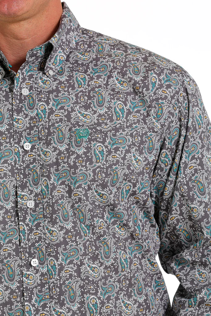 Cinch Mens Paisley Print Button Down Long Sleeve Shirt - Gray MTW1105584