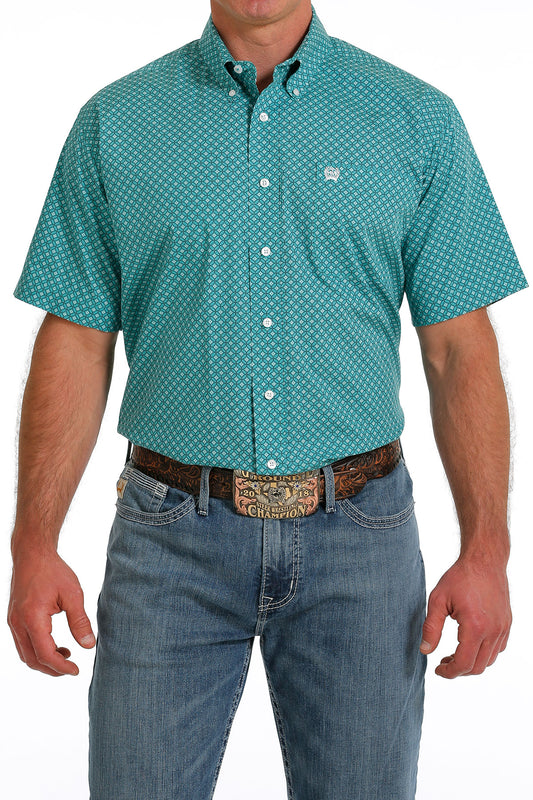 Cinch Men's Medallion Print Button-Down Western Short Sleeve Shirt  - Turquoise /White