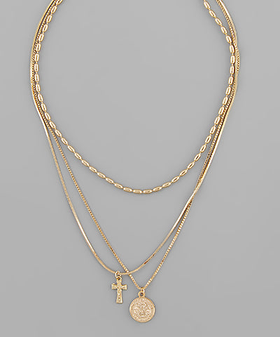 3 Row Coin & Cross Chain Necklace