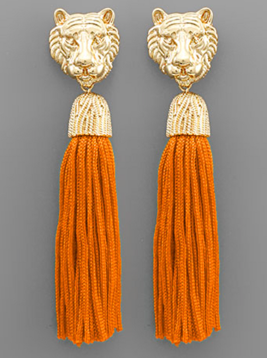 Golden Tiger Orange Tassel Earrings