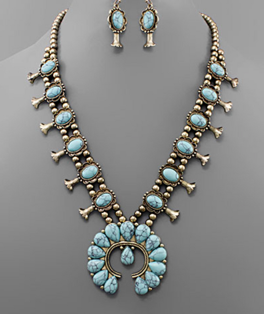 Silver Turquoise Faux Concho Necklace & Earring Set