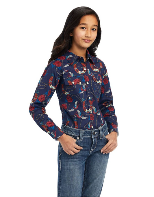 Girls Ropey Rose Snap LS Shirt (Size 8)