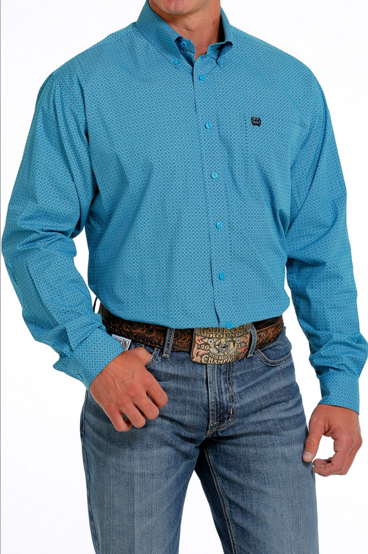 Cinch Mens Geometric Print Button-Down Shirt - Turquoise MTW1105606