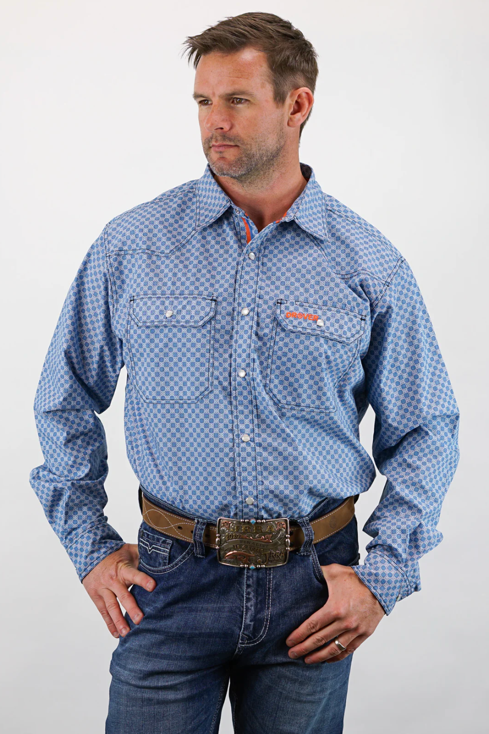 Drover Signature Series - Outlaw - Pearl Snap, Print, Option Cuff, Classic Fit Shirt (Blue Diamond)