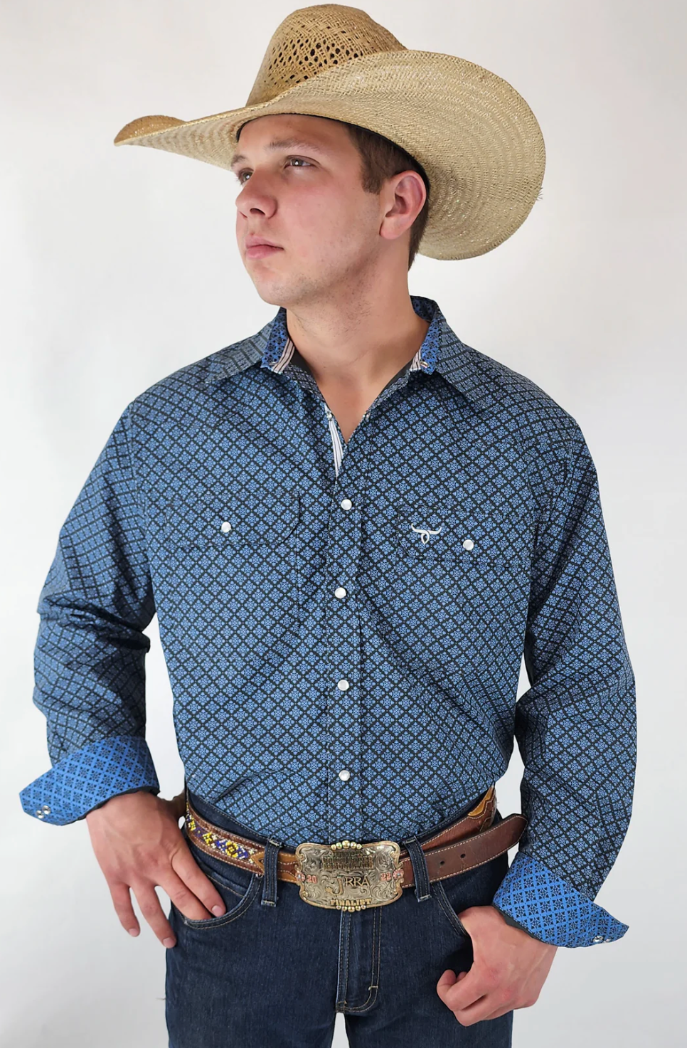Drover Signature Series - Bandero -Slate Gray and Blue Pearl Snap, Print, Classic Fit Shirt
