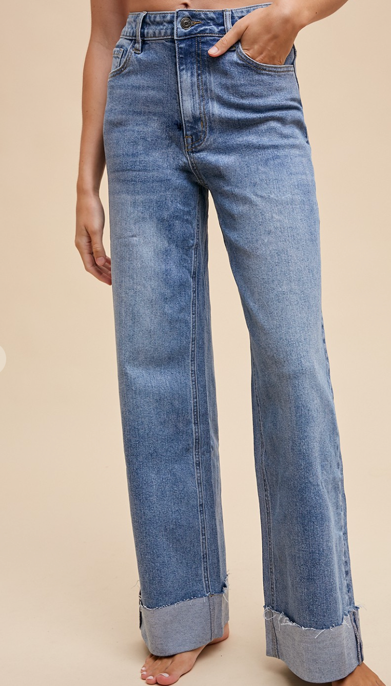 90S  STYLE CUFFED HEM HIGH RISE STRAIGHT FULL LENGTH JEANS