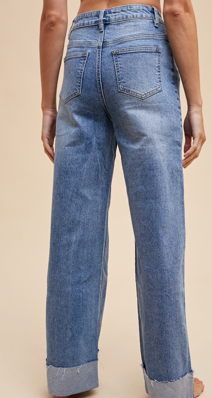 90S  STYLE CUFFED HEM HIGH RISE STRAIGHT FULL LENGTH JEANS