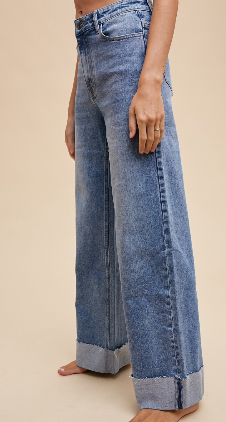 90S  STYLE CUFFED HEM HIGH RISE STRAIGHT FULL LENGTH JEANS