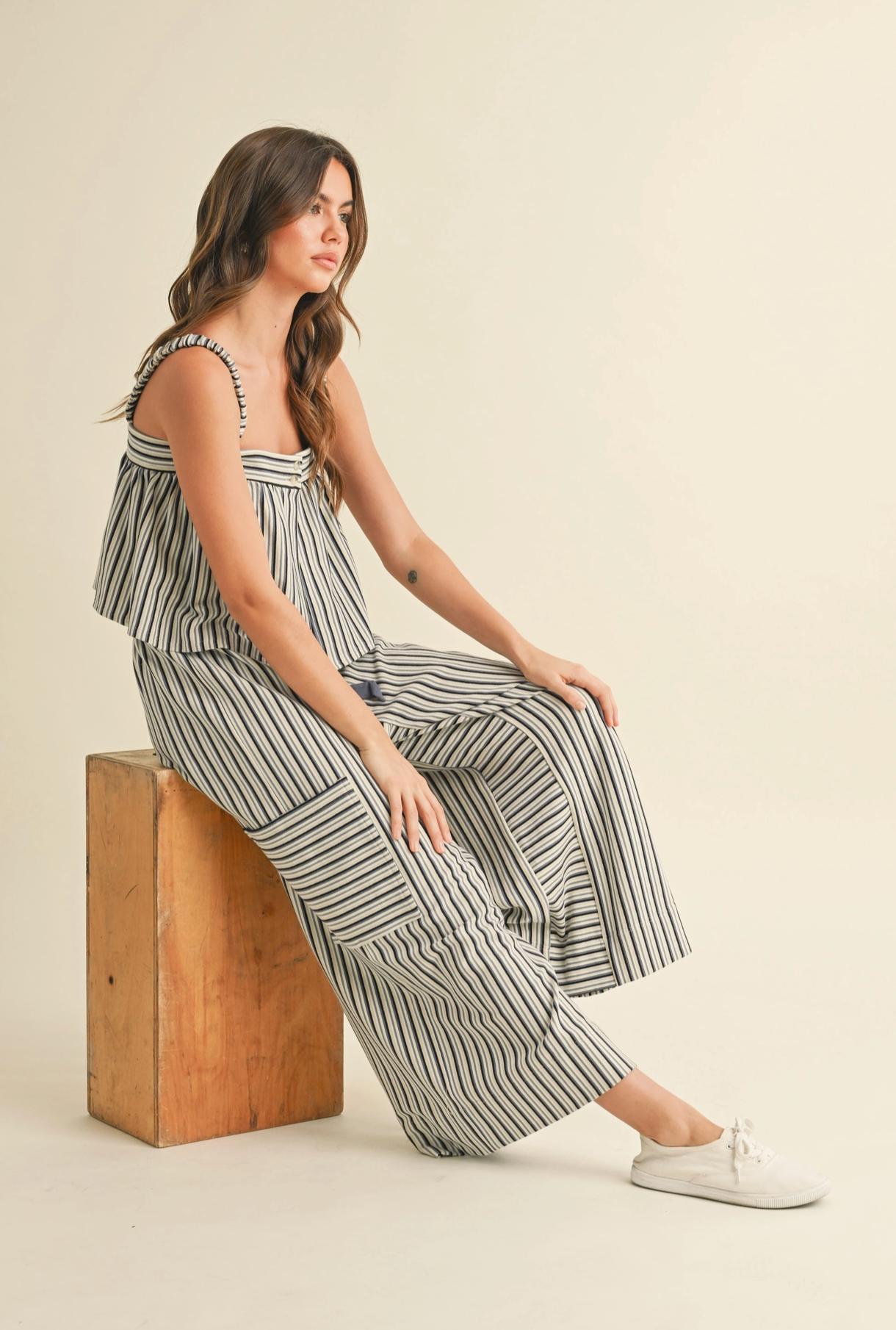 Blue & White Cami Top & Cropped Pant Set
