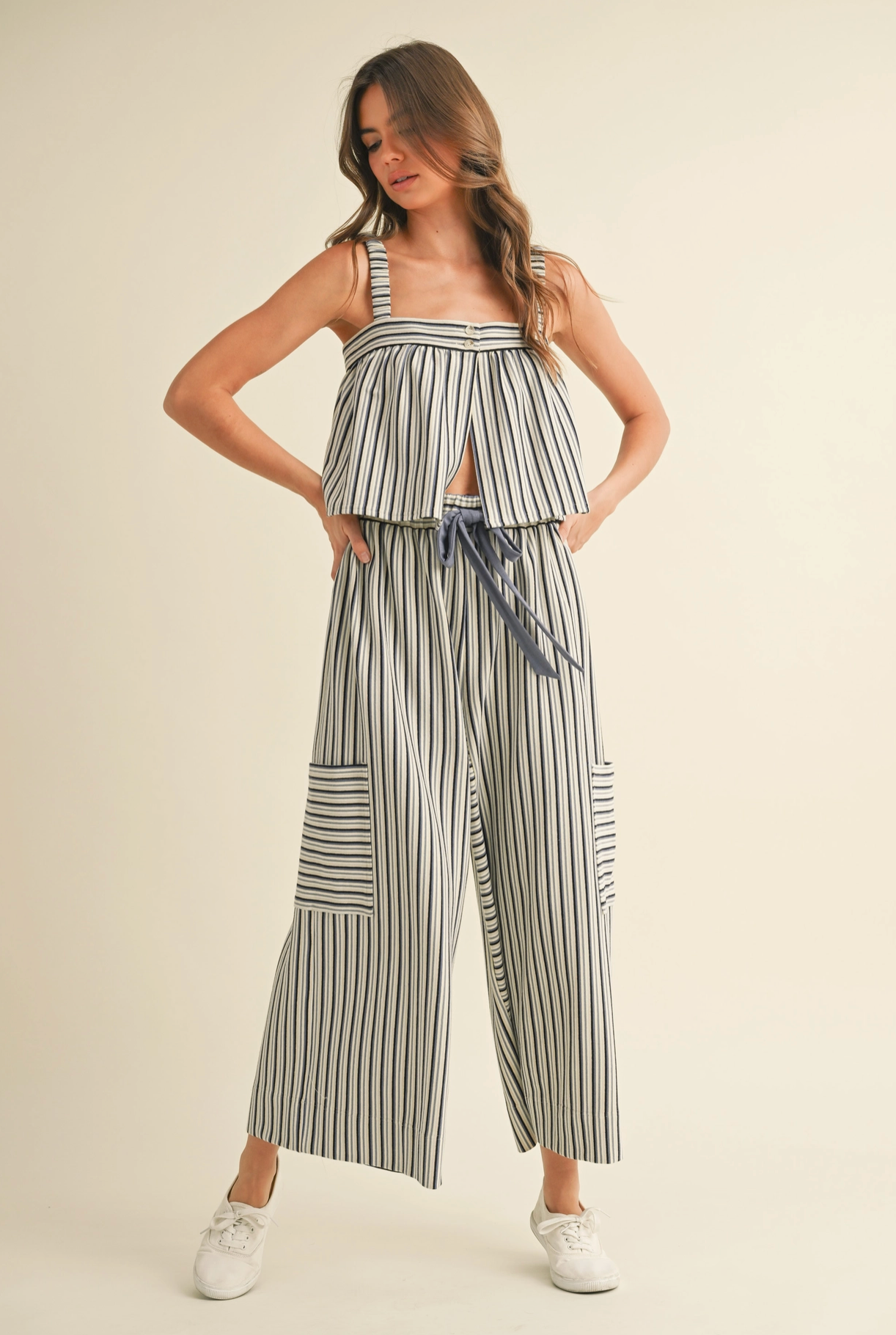 Blue & White Cami Top & Cropped Pant Set